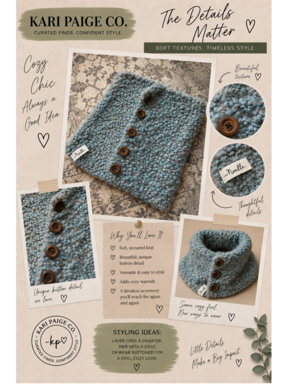 Women's Simply Noelle Blue Buttoned Neck Warmer Winter Fall